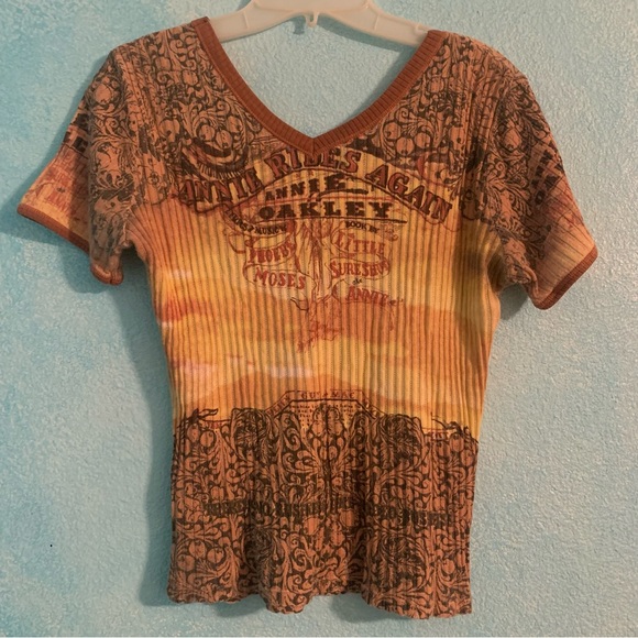 Vintage Rare Graphic Rhinestone VNeck Short Sleeve Stretchy y2k all over print - Picture 4 of 4